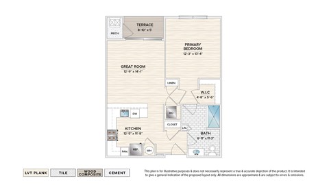 Floor plan for 1 bed, 1 bath, 771 sqft